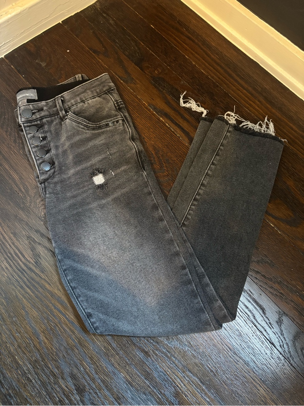 Democracy AB Tech Women's Straight Leg Jeans Gray-Black Button Fly Sz 4